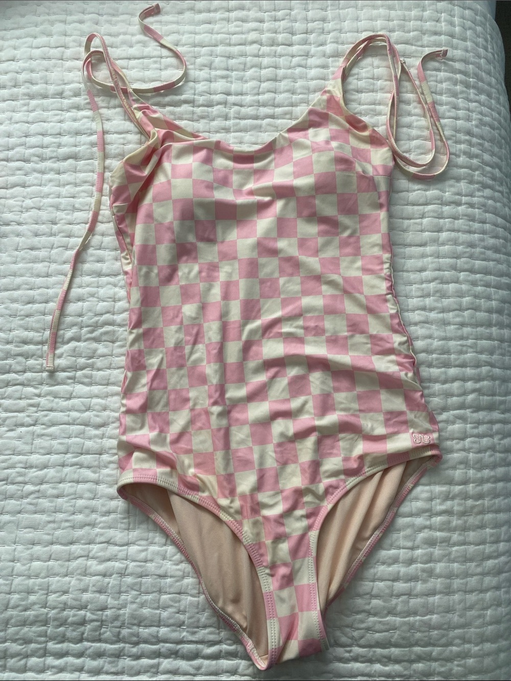 Pink Check One-Piece Swimsuit with Tie Straps